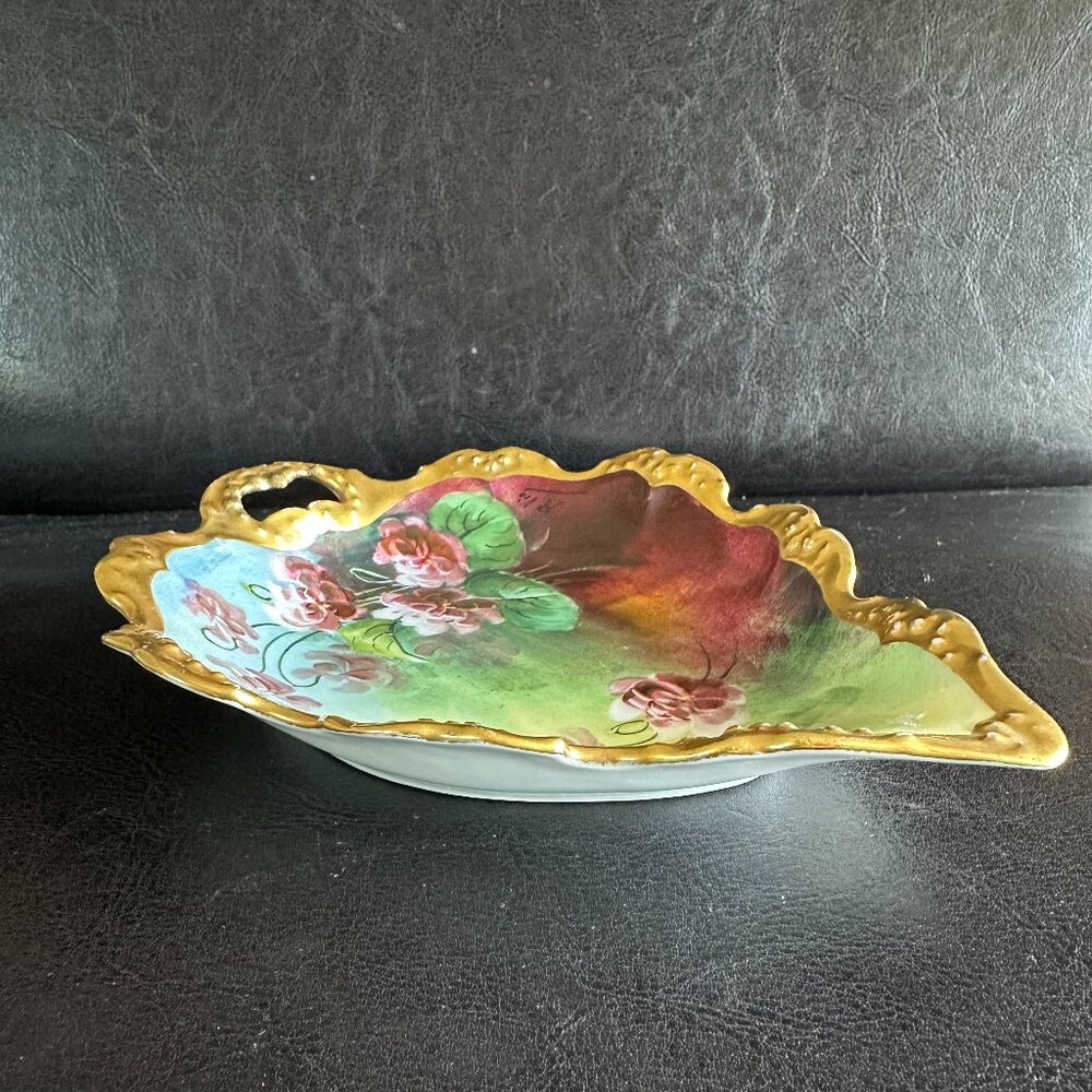 Limoges"Coronet"France Hand-Painted Porcelain-Peony-Gold Gilded Motif Leaf Plate